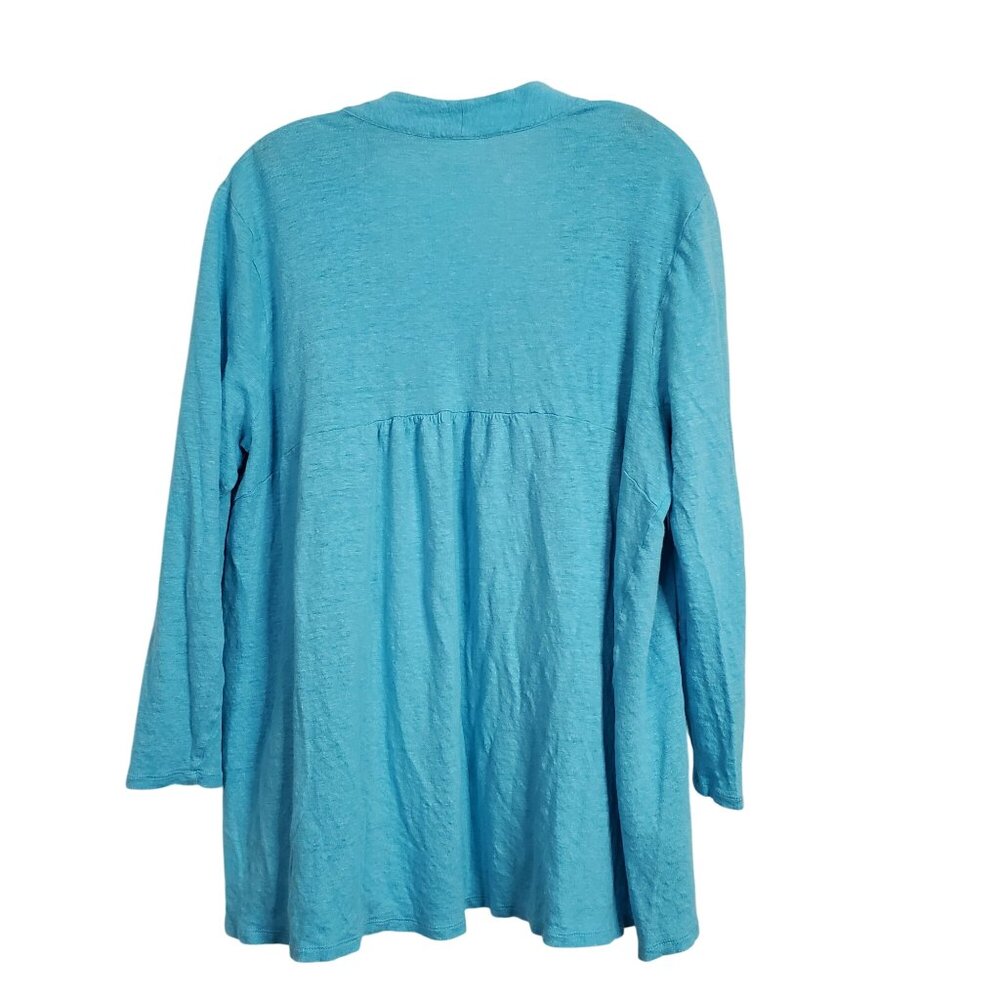 J Jill Love Linen Size XL Cardigan Open Front 100% Linen Shirred Back Turquoise - Picture 3 of 10